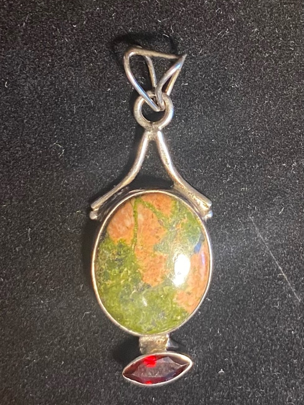 Vintage Gemstone Pendant: Unakite Jasper & Garnet set in 925 SS; Giftbox
